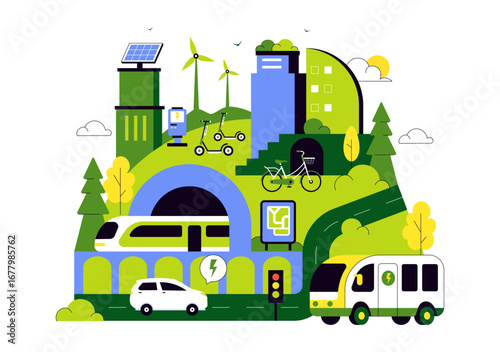 Eco Friendly Transportation Illustration featuring the Combination of Multiple Travel Modes for Efficiency in Urban Transport Methods in a Background