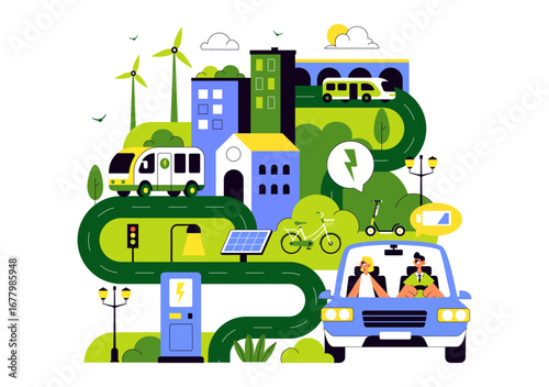 Eco Friendly Transportation Illustration featuring the Combination of Multiple Travel Modes for Efficiency in Urban Transport Methods in a Background