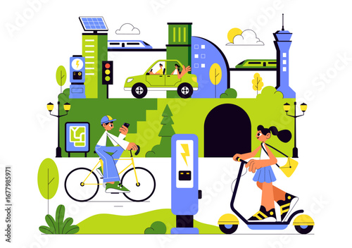 Eco Friendly Transportation Illustration featuring the Combination of Multiple Travel Modes for Efficiency in Urban Transport Methods in a Background
