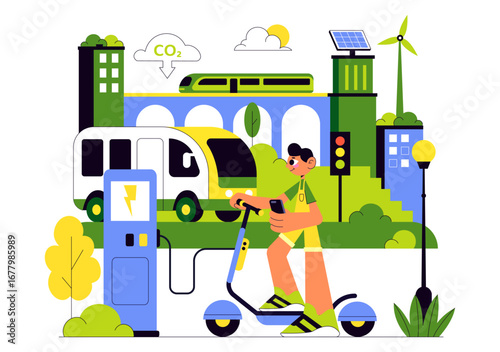 Eco Friendly Transportation Illustration featuring the Combination of Multiple Travel Modes for Efficiency in Urban Transport Methods in a Background