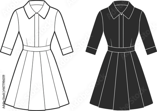 Shirt dress fashion flat, front view dress sketch, women’s pleated dress design, technical clothing illustration, collared dress vector, black white template