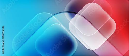 Abstract shapes overlap, creating vibrant blue, red gradients. Smooth transitions suggest digital design, modern aesthetic.