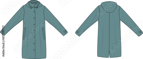 Teal hooded long coat flat sketch, women’s winter outerwear, button front raincoat design, waterproof casual jacket, stylish hooded long coat, cold weather fashion illustration, front and back views