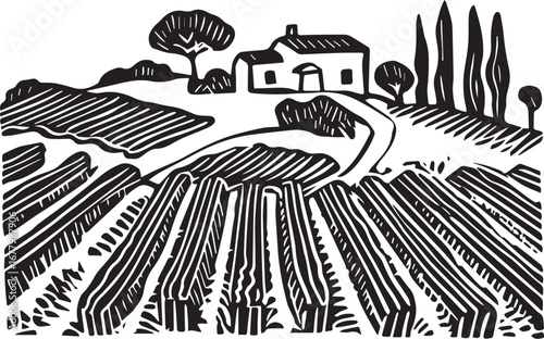Vineyard Vista: A detailed, monochrome illustration of a lush vineyard landscape, where rows of vines stretch towards a quaint building nestled amid gentle hills.