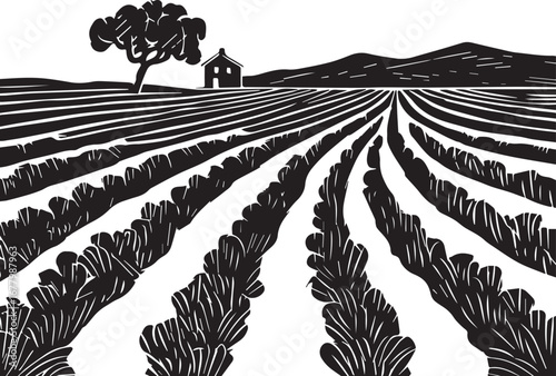 Fields of Labor: A stylized monochrome illustration shows cultivated rows of crops stretching toward the horizon under a stylized tree and small building.