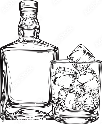 Elegant Drink Illustration: A meticulously detailed illustration of a crystal glass with ice cubes, alongside a classic liquor bottle, evoking the sophistication of an upscale bar experience.