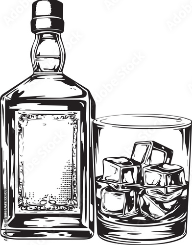 Whiskey Bottle and Glass: A detailed black and white illustration of a whiskey bottle and a glass filled with ice cubes, perfect for drink-related projects or designs.