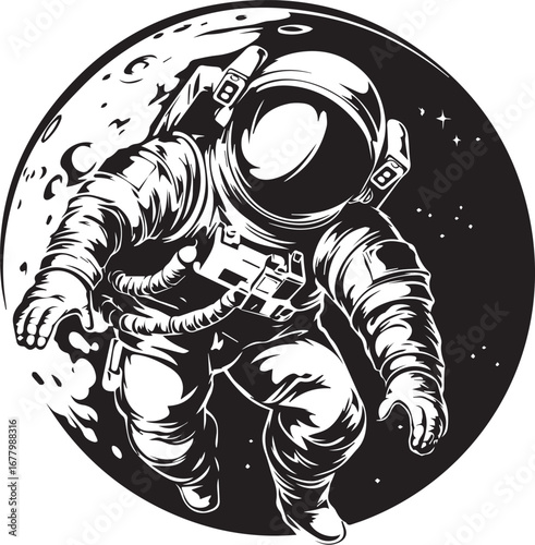Astronaut in Space: An astronaut gracefully floats against the backdrop of a stark black and white depiction of a lunarscape. The spaceman, donned in his high-tech gear.