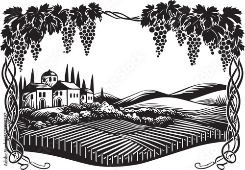 Vineyard Serenity: A monochrome illustration captures the essence of a tranquil vineyard, featuring rolling hills, a charming villa, and lush grape vines, evoking a sense of peace and rustic beauty.