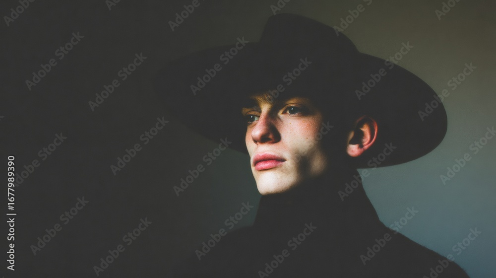 Fototapeta premium A young caucasian man in a dark wide-brimmed hat, his face partially illuminated. Conceptual headshot for fashion or art.