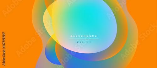 Abstract colorful shapes overlap, creating vibrant gradients. Orange background complements blue, yellow hues. Modern design element.