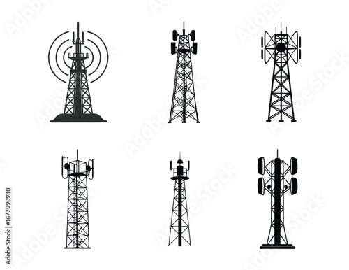 A collection of black and white communication tower silhouette vector images.
