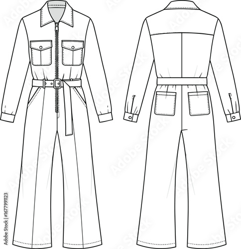 Stylish belted utility jumpsuit with zipper front, flap pockets, long sleeves, wide-leg pants, fashion flat technical sketch illustration
