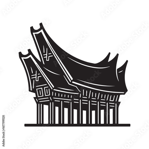 Tongkonan traditional house silhouette vector. Ethnic Toraja architecture landmark from Sulawesi, Indonesia. Cultural symbol icon.
