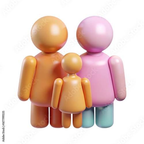 Stylized 3d family of three figures parents and child isolated on transparent background