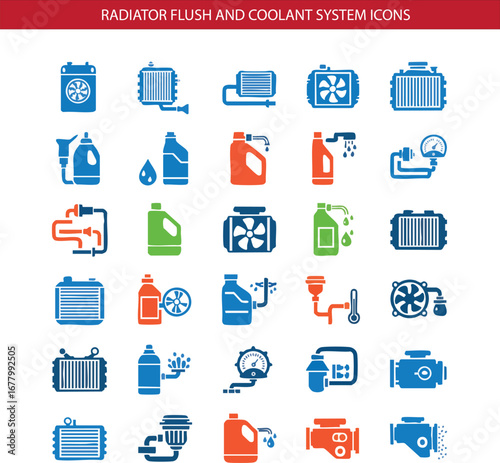 Car Radiator Flush and Coolant System Icon Set