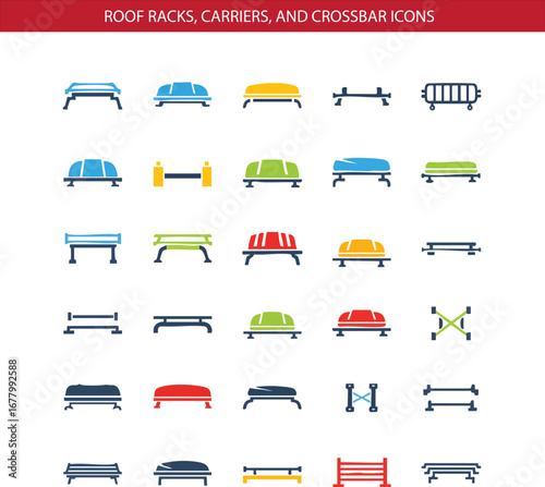 Car Roof Rack,  Crossbars, and Carrier Icon Set