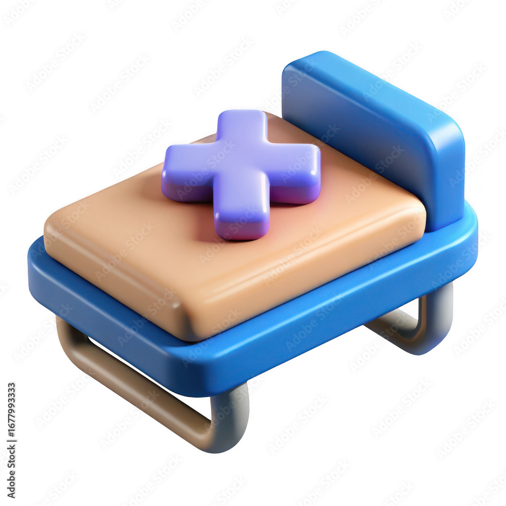 Fototapeta premium Stylized 3d rendering of a hospital bed with a purple cross symbol isolated on transparent background
