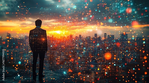 Urban skyline sunset double exposure with suit silhouette, elegant mysterious global business symbolism