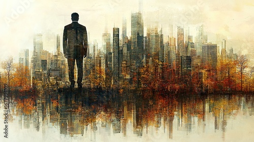 Gradient pastel cityscape and businessman silhouette double exposure, achievement serenity urban charm