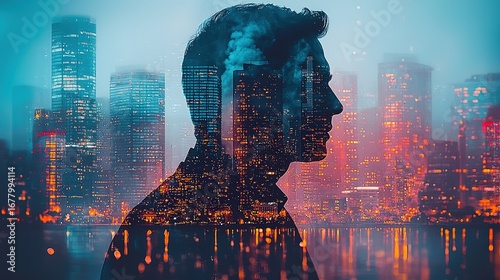 Business professional silhouette blended with city sunset double exposure, soft tones, success international concept