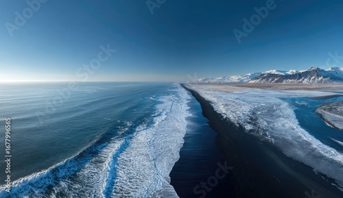 Expansive frozen river delta meeting the ocean with distant snow covered mountains under a clear blue sky.