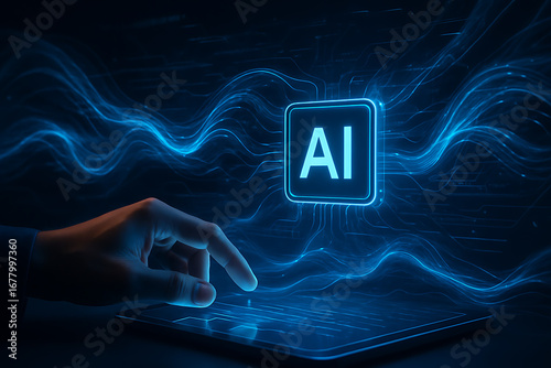 hand points to a glowing AI icon on a digital tablet, with a futuristic background of blue waves, highlighting the future of artificial intelligence and technology