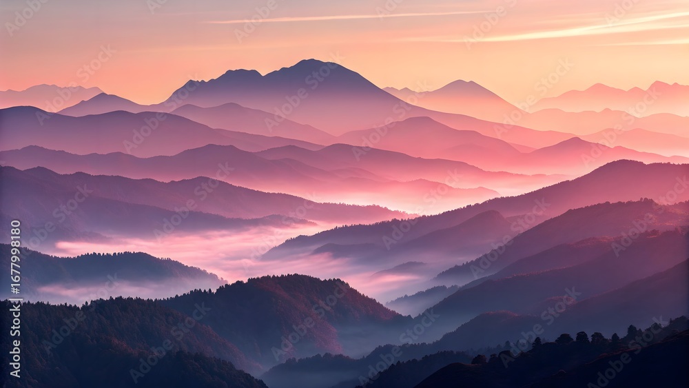 Obraz premium Gradient low-poly mountain ridges. Abstract 3D mountains with glowing edges and ambient gradient fog.
