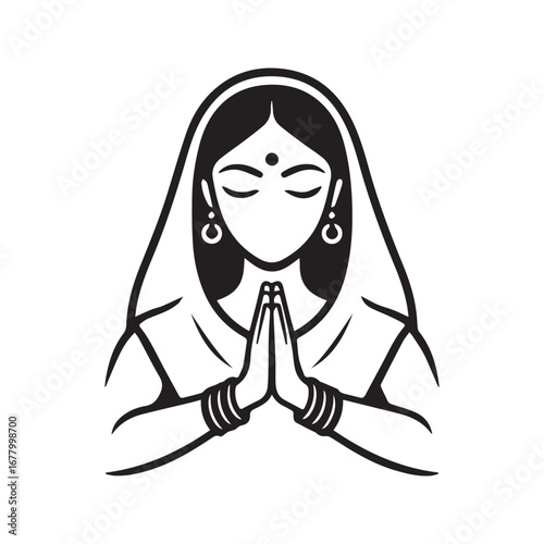 Stylized Indian Woman with Namaste Prayer Hands. Traditional Hindu Greeting Symbol Line Art Icon.
