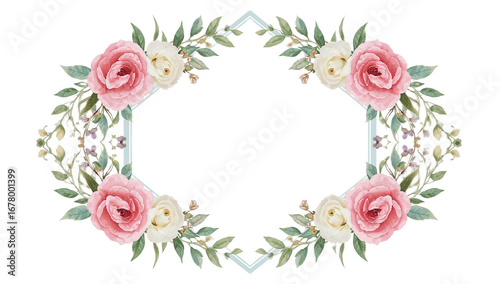 Elegant Watercolor Floral Frame Pink Roses and Greenery Border