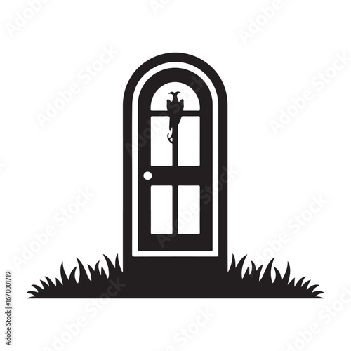 Mysterious arched doorway silhouette with a bird perched on top in grassy field