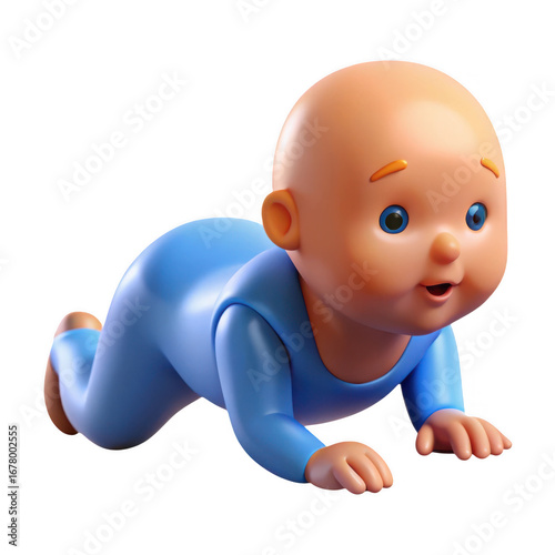 Cute bald baby doll in blue outfit crawling forward isolated on transparent background