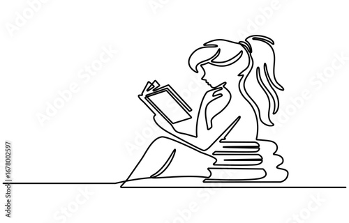 A minimalist line drawing depicts a child comfortably seated, deeply engrossed in reading a book. The singleline art style emphasizes the peaceful moment of quiet reading and absorption in literature.