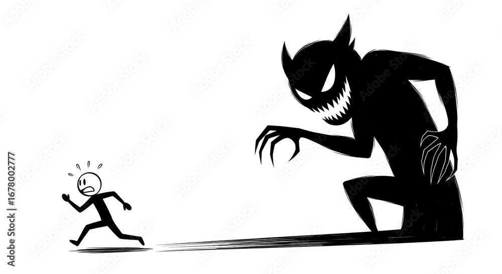 Fototapeta premium A frightened little person flees a large menacing shadow creature with sharp claws and teeth across a stark white background illustrating a chase or confrontation with an unseen threat