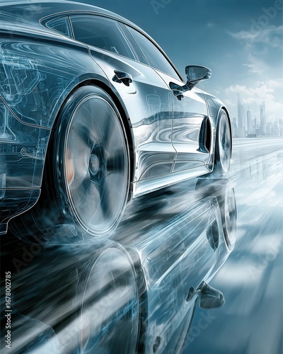 Futuristic autonomous car driving on a smart highway with city skyline and clear blue sky reflections.