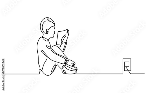 A minimalist line drawing depicts a child comfortably seated, deeply engrossed in reading a book. The singleline art style emphasizes the peaceful moment of quiet reading and absorption in literature.