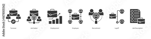 Career Cycle banner web icon set vector illustration concept with icon of turnover, job seeker, employment, employee, recruitment, layoff, job description