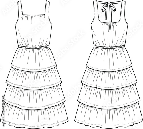 Tiered ruffle sleeveless maxi dress with square neckline, back bow tie detail, gathered waist, flat fashion sketch, CAD drawing flat vector illustration.