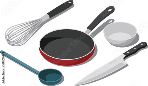 Isometric Kitchen Utensils Illustration Featuring Cooking Tools and Culinary Items
