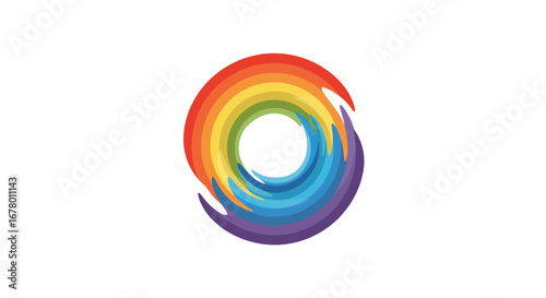 A circular emblem of layered rainbow hues swirl
