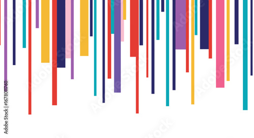 Colorful geometric bars of varying lengths hang against a white background