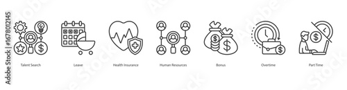 Employee Benefits banner web icon set vector illustration concept with icon of talent search, leave, health insurance, human resources, bonus, overtime, part time