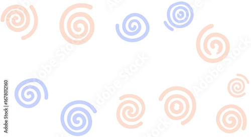 Image shows several swirls in peach and blue scattered across a white background