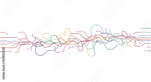 The image presents a series of colorful dotted lines moving across a white background varying in direction