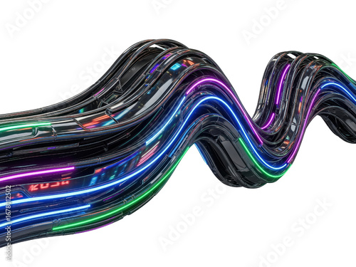 Wavy bundle of futuristic cables with glowing neon light strips on a transparent background