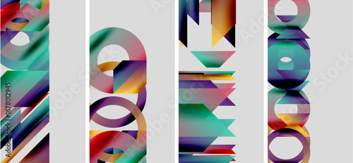 Abstract colorful shapes, geometric patterns, vibrant gradients. Modern design elements create dynamic visual composition.