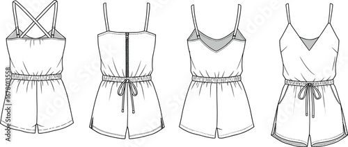 Trendy women’s romper collection, featuring stylish casual short jumpsuits with adjustable straps, drawstring waist, technical fashion flat sketch