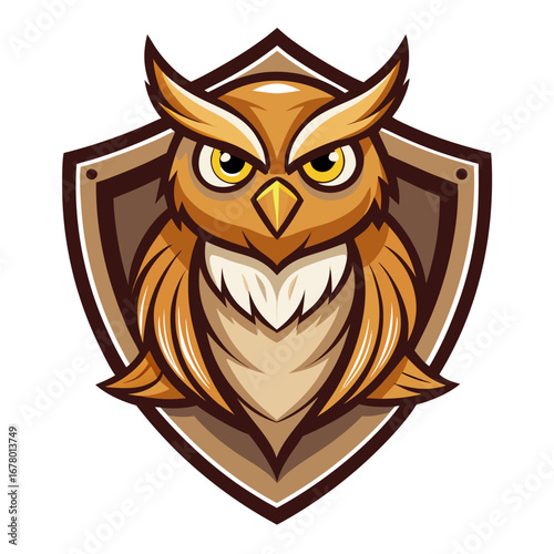 Confident Owl Mascot with Detailed Feather Linework over Shield