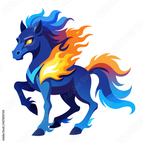 Fierce Blue Horse with Fiery Gradient Mane on Dark Background