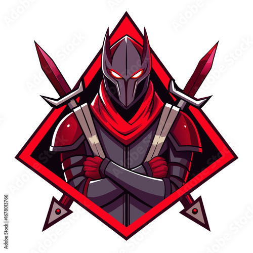 Dark Red-Armored Masked Warrior with Crossed Blades in Triangular Crest